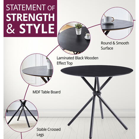 Hallowood Furniture Cullompton Small Round Dining Table and Chairs Set 4, Black Dining Table with Wooden Effect Top & Light Grey Faux Leather Chairs, Dining Room Set for Home, Cafe
