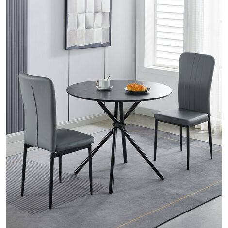 Hallowood Furniture Cullompton Small Round Dining Table and Chairs Set 2, Black Dining Table with Wooden Effect Top & Light Grey Faux Leather Chairs, Dining Room Set for Home, Cafe