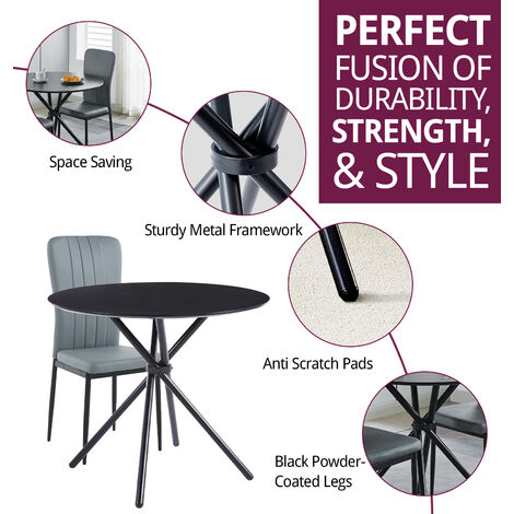 Hallowood Furniture Cullompton Small Round Dining Table and Chairs Set 2, Black Dining Table with Wooden Effect Top & Light Grey Faux Leather Chairs, Dining Room Set for Home, Cafe