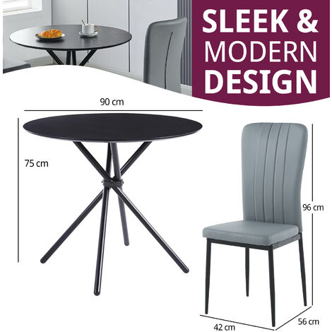 Hallowood Furniture Cullompton Small Round Dining Table and Chairs Set 2, Black Dining Table with Wooden Effect Top & Light Grey Faux Leather Chairs, Dining Room Set for Home, Cafe
