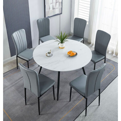 Hallowood Furniture Cullompton Large Round Dining Table and Chairs Set 6, White Marble Effect Kitchen Table and Chairs Upholstered in Grey Faux Leather, Dining Room Sets for Home and Cafe (1/5)