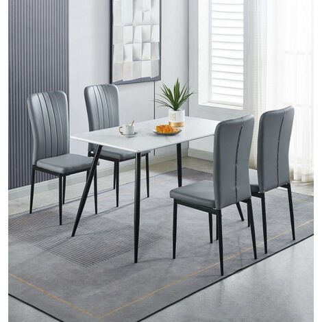 Hallowood Furniture Cullompton Small Dining Table and Chairs Set 4, Grey Faux Leather Dining Chairs Set of 4 and Table in Rectangular White Marble Effect Top for Modern Home or Café (1/5)