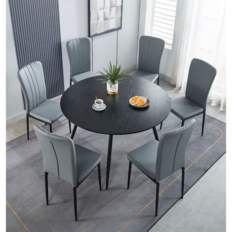 Hallowood Furniture Cullompton Large Round Dining Table and Chairs Set 6, 120cm Black Wood Effect Dining Table and Chairs in Light Grey Faux Leather, Perfect for Home or Café (1/5)