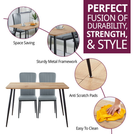 Hallowood Furniture Cullompton Small Rectangular Dining Table and Chairs Set 4, Oak Effect Top Kitchen Table with Faux Leather Grey Dining Chairs, Dining Room Set for Home and Café