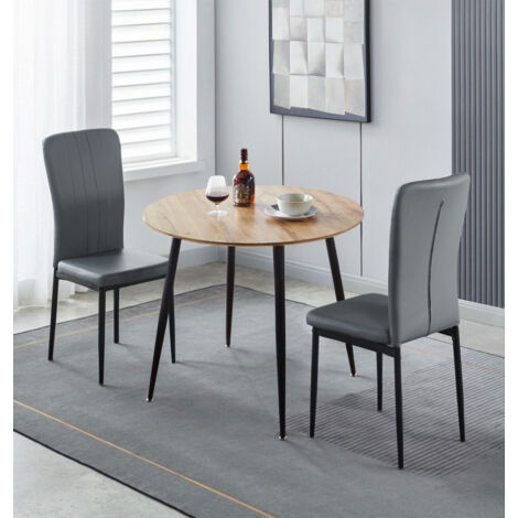 Hallowood Furniture Cullompton Small Round Dining Table and Chairs Set 2, Wooden Dining Table with Oak Effect Top and Grey Faux Leather Chairs, Dining Table Set for Home and Café