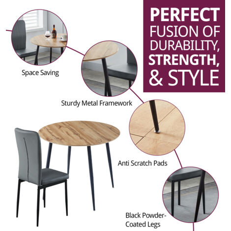 Hallowood Furniture Cullompton Small Round Dining Table and Chairs Set 2, Wooden Dining Table with Oak Effect Top and Grey Faux Leather Chairs, Dining Table Set for Home and Café
