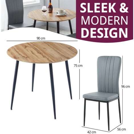 Hallowood Furniture Cullompton Small Round Dining Table and Chairs Set 2, Wooden Dining Table with Oak Effect Top and Grey Faux Leather Chairs, Dining Table Set for Home and Café