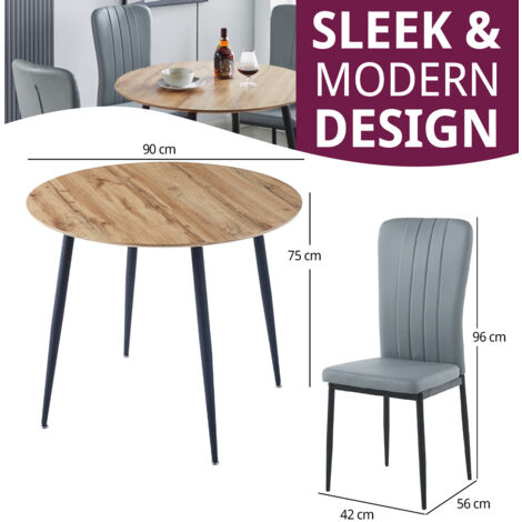 Hallowood Furniture Cullompton Small Round Dining Table and Chairs Set 4, Wooden Dining Table with Oak Effect Top and Grey Faux Leather Chairs, Dining Table Set for Home and Café
