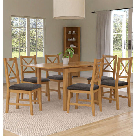 Hallowood Furniture Waverly Oak Extendable Dining Table and Chairs Set 6, Rectangular Small Kitchen Table and Chairs with Cross Back and Charcoal Grey Fabric Padded Seats for Home and Café (1/5)