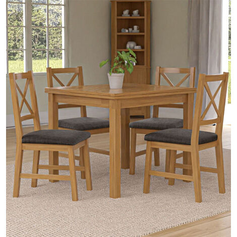 Hallowood Furniture Waverly Oak Extendable Dining Table and Chairs Set 4, Rectangular Small Kitchen Table and Chairs with Cross Back and Charcoal Grey Fabric Padded Seats for Home and Café (1/5)