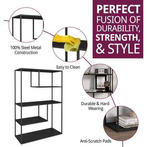 Hallowood Furniture Bewdley Large Display Unit with 3 Shelves, Black Metal Shelf, Tall Display Cabinet, Metal Bookshelf, Sleek Display Shelf for Living Room & Hallway (85x126cm)