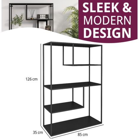 Hallowood Furniture Bewdley Large Display Unit with 3 Shelves, Black Metal Shelf, Tall Display Cabinet, Metal Bookshelf, Sleek Display Shelf for Living Room & Hallway (85x126cm)