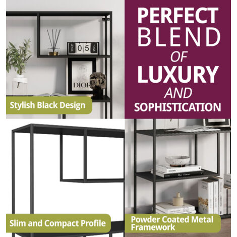 Hallowood Furniture Bewdley Large Display Unit with 3 Shelves, Black Metal Shelf, Tall Display Cabinet, Metal Bookshelf, Sleek Display Shelf for Living Room & Hallway (85x126cm)
