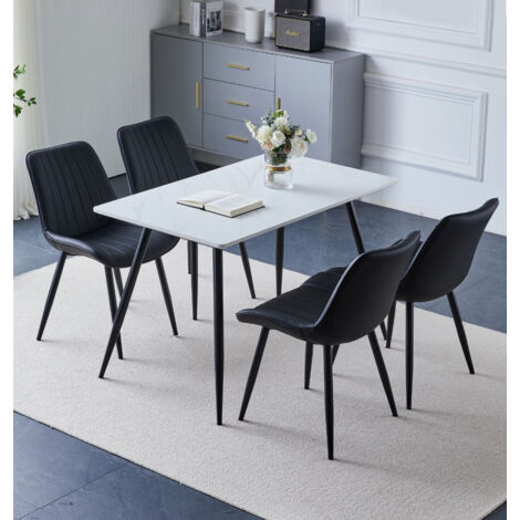 Hallowood Furniture Cullompton Small Dining Table and Chairs Set 4, White Marble Effect Top Kitchen Table and Chairs Upholstered in Black Bonded Leather and Metal Legs for Home, Office & Café (1/5)