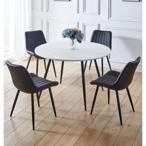 Hallowood Furniture Cullompton Large Dining Table and Chairs Set 4, White Marble Effect Round Kitchen Table and Chairs Upholstered in Black Faux Leather, Dining Room Sets for Home and Cafe (1/5)