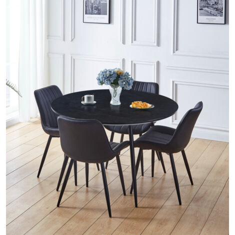 Hallowood Furniture Cullompton Round Dining Table and Chairs Set 4, Black Wooden Effect Large Round Kitchen Table with Black Bonded Leather Chair, Dining Set for 4 Perfect for Home and Cafés (1/5)