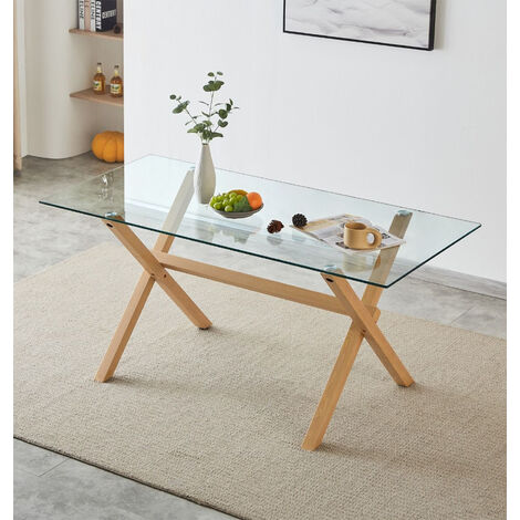 Hallowood Furniture Cullompton Large Glass Dining Table, 4-6 Seater Rectangular Glass Table Top with Wooden Effect Metal Legs for Dining Rooms, Kitchens, Office or Cafés (160x80cm)