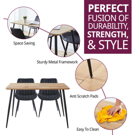 Hallowood Furniture Cullompton Dining Table and Chairs Set 4, Small Rectangular Dining Table with Oak Effect Top and Black Bonded Leather Chairs, Dining Table Set for Home and Café
