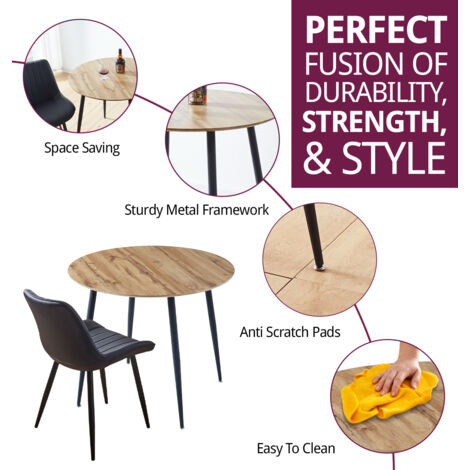 Hallowood Furniture Cullompton Small Round Dining Table and Chairs Set 2, Wooden Kitchen Table with Oak Effect Top and Black Bonded Leather Chairs, Dining Table Set for Home and Café
