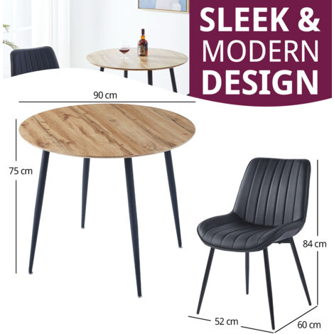 Hallowood Furniture Cullompton Small Round Dining Table and Chairs Set 2, Wooden Kitchen Table with Oak Effect Top and Black Bonded Leather Chairs, Dining Table Set for Home and Café