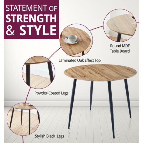 Hallowood Furniture Cullompton Small Round Dining Table and Chairs Set 2, Wooden Kitchen Table with Oak Effect Top and Black Bonded Leather Chairs, Dining Table Set for Home and Café