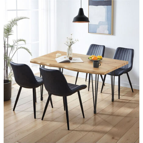Hallowood Furniture Cullompton Large Dining Table and Chairs Set 4, Live Edge Effect Top Kitchen Table (120cm) and Black Bonded Leather Chairs, Dining Set for 4 for Ideal Home and Cafés (1/5)