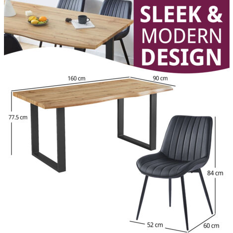 Hallowood Furniture Cullompton Large Dining Table and Chairs Set 4, Live Edge Effect Kitchen Table with U-Shaped Legs, and Black Bonded Leather Chair, Dining Table Set for Home, Cafe
