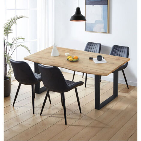 Hallowood Furniture Cullompton Large Dining Table and Chairs Set 4, Live Edge Effect Kitchen Table with U-Shaped Legs, and Black Bonded Leather Chair, Dining Table Set for Home, Cafe