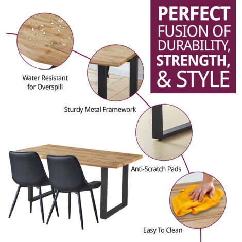 Hallowood Furniture Cullompton Large Dining Table and Chairs Set 4, Live Edge Effect Kitchen Table with U-Shaped Legs, and Black Bonded Leather Chair, Dining Table Set for Home, Cafe