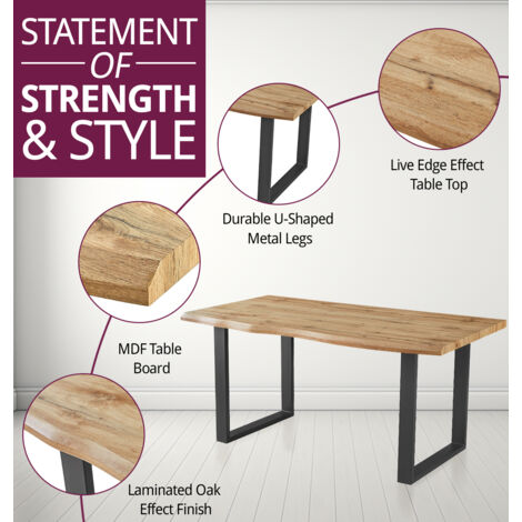 Hallowood Furniture Cullompton Large Dining Table and Chairs Set 4, Live Edge Effect Kitchen Table with U-Shaped Legs, and Black Bonded Leather Chair, Dining Table Set for Home, Cafe