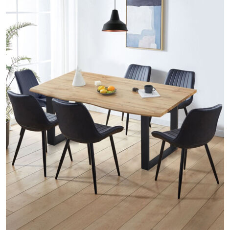 Hallowood Furniture Cullompton Dining Table and Chairs Set 6, Live Edge Effect Kitchen Table in U-Shaped Legs and Black Bonded Leather Chairs, Dining Room Sets for Home or Cafe (1/5)