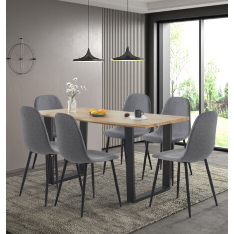 Hallowood Furniture Cullompton Large Dining Table and Chairs Set 6, Live Edge Effect Kitchen Table in U-Shaped Legs and Upholstered Chairs in Grey Fabric, Dining Room Sets for Home or Cafe (1/5)