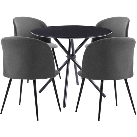 Hallowood Furniture Cullompton Small Black Dining Table and Chairs Set 4, Round Kitchen Table and Chairs Set 4 in Curved-back Grey Fabric Upholstery, Dining Room Sets for Home and Cafe (1/5)