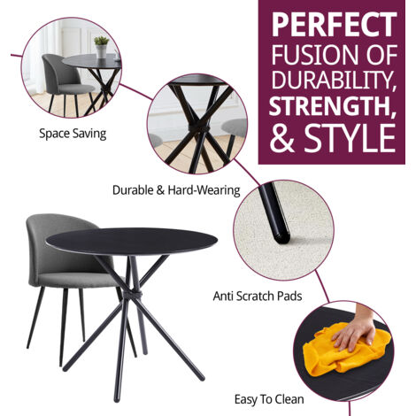 Hallowood Furniture Cullompton Small Round Dining Table and Chairs Set 2, Black Dining Table with Curved-Back Dark Grey Fabric Dining Chairs, Dining Room Set for Home and Cafe