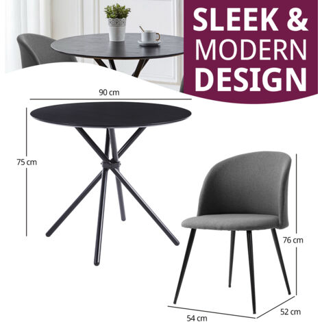Hallowood Furniture Cullompton Small Round Dining Table and Chairs Set 2, Black Dining Table with Curved-Back Dark Grey Fabric Dining Chairs, Dining Room Set for Home and Cafe
