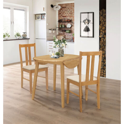 Hallowood Furniture Ledbury Small Dining Table and 2 Chairs, Round Drop Leaf Table and Cream Fabric Padded Seat Chairs, Wooden Folding Table and Chairs in Light Oak, Dining Room Set