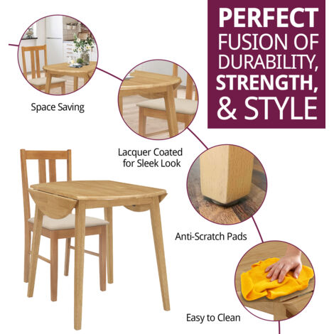 Hallowood Furniture Ledbury Small Dining Table and 2 Chairs, Round Drop Leaf Table and Cream Fabric Padded Seat Chairs, Wooden Folding Table and Chairs in Light Oak, Dining Room Set