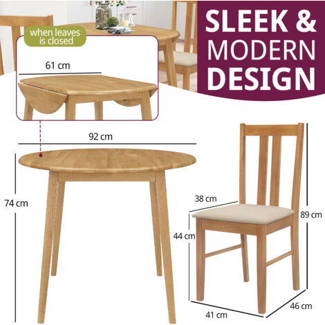 Hallowood Furniture Ledbury Small Dining Table and 2 Chairs, Round Drop Leaf Table and Cream Fabric Padded Seat Chairs, Wooden Folding Table and Chairs in Light Oak, Dining Room Set