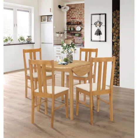 Hallowood Furniture Ledbury Small Round Dining Table and Chairs Set 4, Drop Leaf Table and Cream Fabric Padded Seat Chairs, Wooden Folding Table and Light Oak Chairs, Dining Room Set