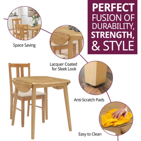 Hallowood Furniture Ledbury Small Round Dining Table and Chairs Set 4, Drop Leaf Table and Cream Fabric Padded Seat Chairs, Wooden Folding Table and Light Oak Chairs, Dining Room Set