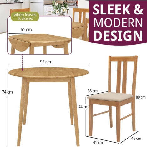 Hallowood Furniture Ledbury Small Round Dining Table and Chairs Set 4, Drop Leaf Table and Cream Fabric Padded Seat Chairs, Wooden Folding Table and Light Oak Chairs, Dining Room Set