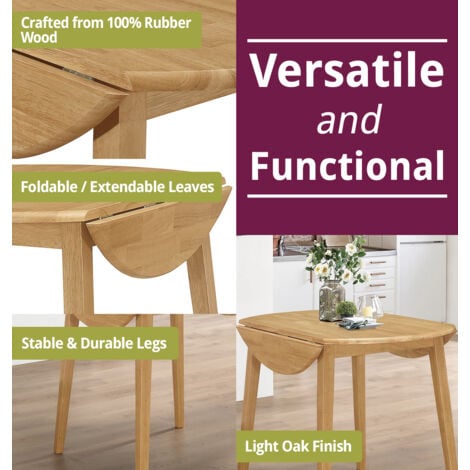 Hallowood Furniture Ledbury Small Round Dining Table and Chairs Set 4, Drop Leaf Table and Cream Fabric Padded Seat Chairs, Wooden Folding Table and Light Oak Chairs, Dining Room Set