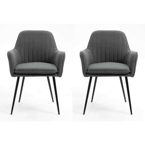 Hallowood Furniture Dining Chairs Set of 2, Dark Grey Fabric Scandinavian Chair with Sturdy Metal Legs in Black Finishing & Armrest for Dining Room, Padded Seat Kitchen Chairs
