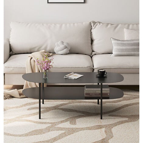 Hallowood Furniture Bewdley Oval Coffee Table with Shelf, Black Metal Coffee Table with Steel Plate Top, Occasional Table, Modern Black Table, Centre Table for Living Room