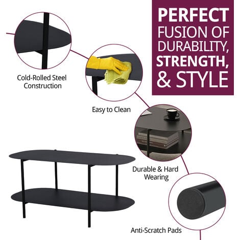 Hallowood Furniture Bewdley Oval Coffee Table with Shelf, Black Metal Coffee Table with Steel Plate Top, Occasional Table, Modern Black Table, Centre Table for Living Room