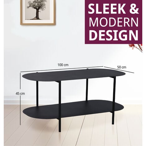 Hallowood Furniture Bewdley Oval Coffee Table with Shelf, Black Metal Coffee Table with Steel Plate Top, Occasional Table, Modern Black Table, Centre Table for Living Room