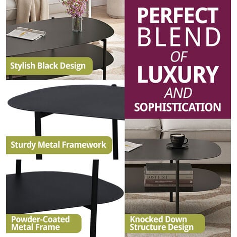 Hallowood Furniture Bewdley Oval Coffee Table with Shelf, Black Metal Coffee Table with Steel Plate Top, Occasional Table, Modern Black Table, Centre Table for Living Room