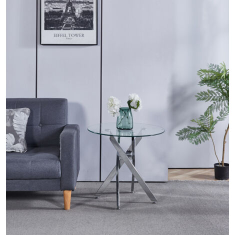 Hallowood Furniture Cullompton Small Round Side Table with 4 Crossed Chrome Legs, 60cm Glass Top Round Coffee Table, Modern Small Tables for Living Room, Bedroom, Hallway or Office (1/5)