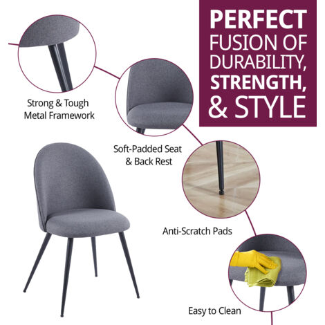 Hallowood Furniture Cullompton Dining Chairs Set of 2 Upholstered in Dark Grey Fabric with Sturdy Metal Legs, Curved Back Modern Kitchen Chairs for Dining Room, Home, Office and Cafe