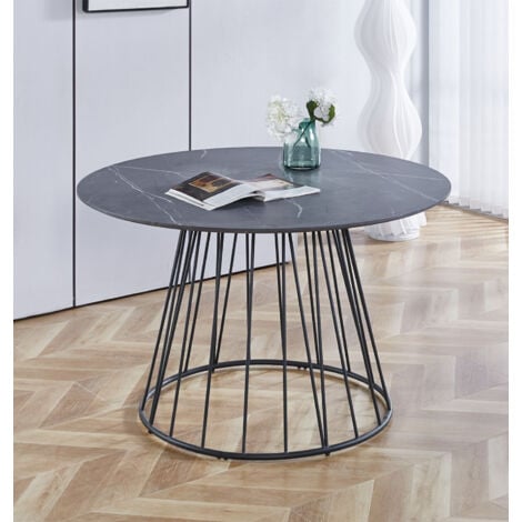 Hallowood Furniture Cullompton Large Round Dining Table with Grey Marble Effect Top and Black Metal Base, Round Marble Dining Table (120cm), 2-4 Seaters Dining Table for Home and Cafe